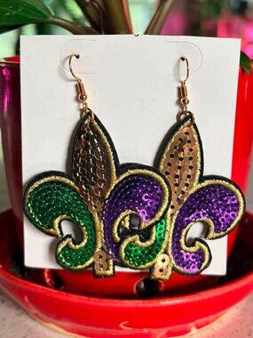 Mardi Gras Fleur-de-Lis Sequin Statement Dangle Earrings Purple Green Gold